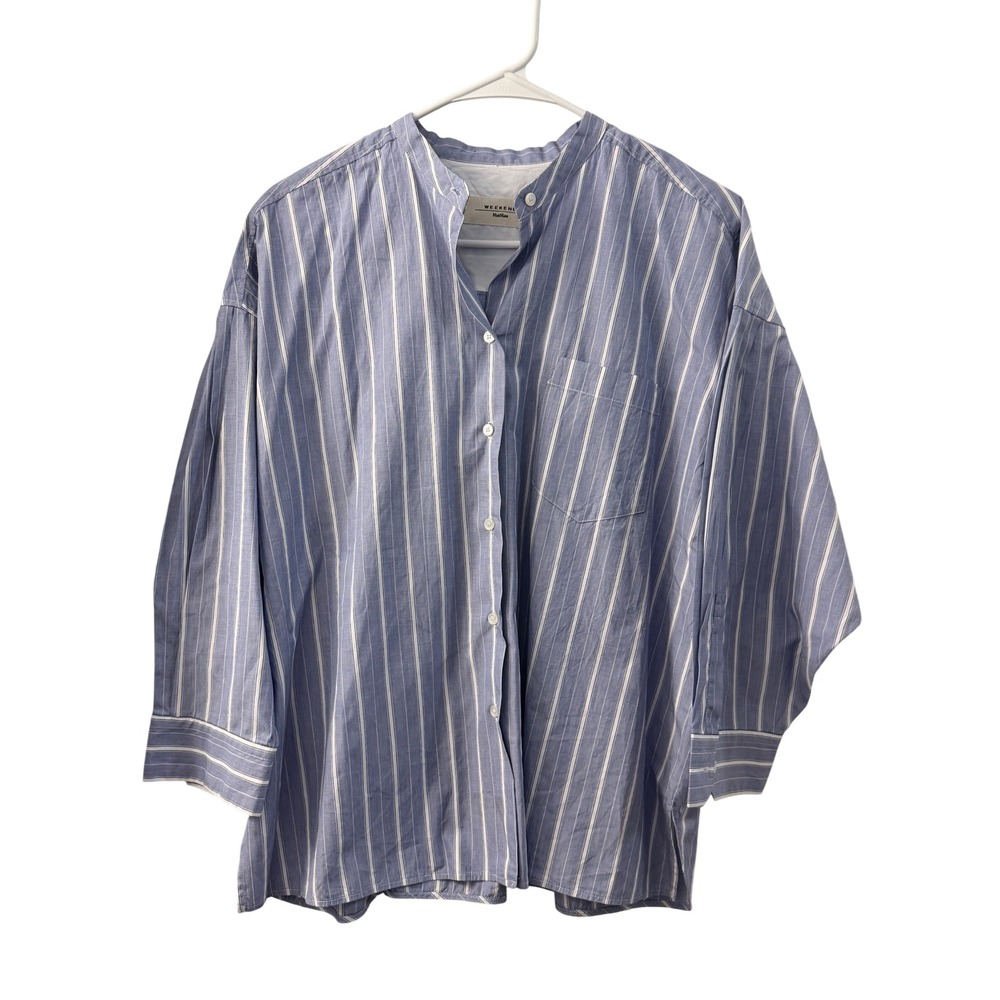 Weekend Max Mara Blue White Striped Band Collar Cotton Shirt IT 42 US 8